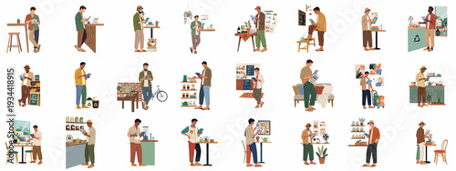 Diverse men embody sustainable living, engaging with green technology, eco-friendly products, and mindful consumption for a healthier, conscious future.