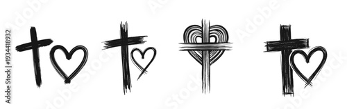 Hand drawn crosses and hearts in black on white background