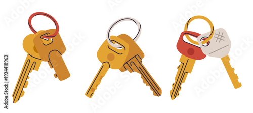 Simple door keys. Key bunches, golden apartment or house keys bunches flat vector illustration set. Cartoon real estate property keys isolated on white background