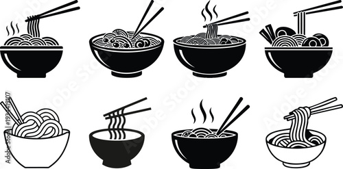 Simple icon noodle bowl set featuring hot steaming noodles and chopsticks for food-related designs.Flat vector noodle bowl icons with chopsticks, steam lines, Asian food symbols, black silhouette.