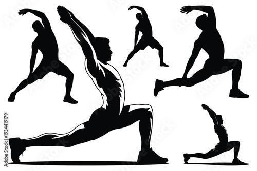Black silhouettes of men stretching in various yoga poses