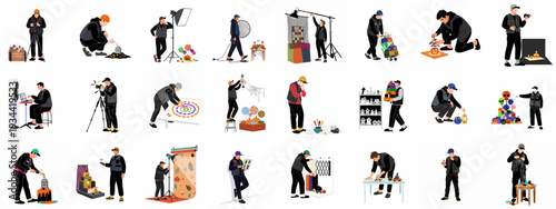 Professional photographers and content creators setting up Halloween-themed studio shoots, arranging spooky and sweet props for festive imagery.