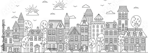 Hand drawn city street houses vector illustration urban neighborhood skyline line art architecture background