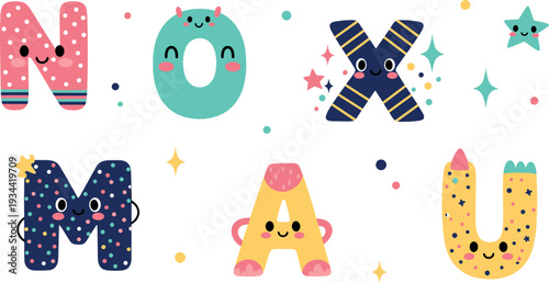 Cute alphabet letters cartoon vector illustration with smiling characters colorful typography and playful decorative elements