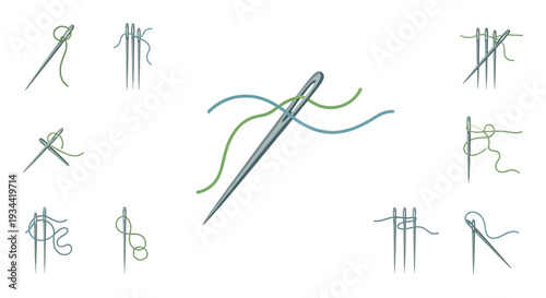 Diverse Sewing Needles & Threads Vector Illustration Set for Craft, Tailoring, and Mending Projects
