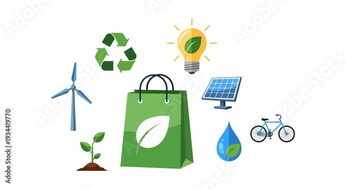 Sustainability and Green Energy Concept with Eco Shopping Bag and Environmental Icons