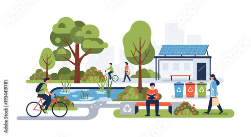 Sustainable Urban Park Life Illustration: People Enjoying Green City Environment with Solar Panels, Recycling, and Nature
