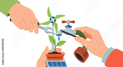 Hands Repairing Green Energy Plant, Wind Turbine & Water Faucet with Solar Panel - Sustainable Future Concept
