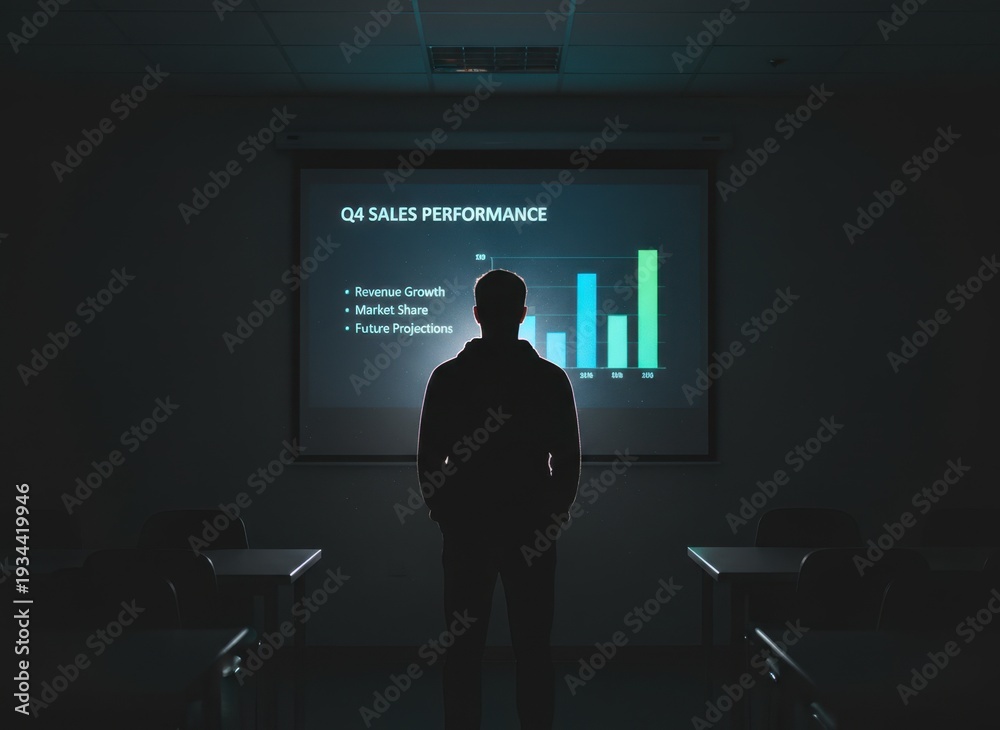 Obraz premium Man Silhouetted Against Presentation Screen Showing Bar Graph and Data Analysis in Dark Conference Room