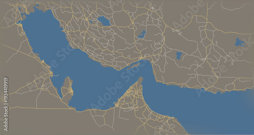 Detailed vector map of the Strait of Hormuz region highlighting coastlines, road networks, and surrounding countries in a modern minimalist cartographic style.