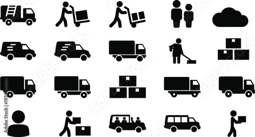 Logistics and delivery icon set with trucks workers packages warehouse transport shipping courier service symbols black silhouette vector collection isolated