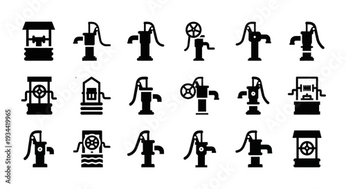 Collection of various water pumps and wells in detailed silhouette form, perfect for graphic design, historical themes, and utility illustrations