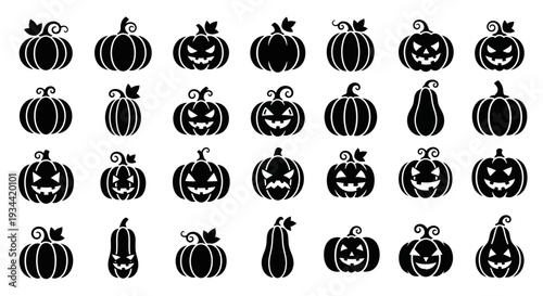 Detailed black silhouettes of Halloween pumpkins and scary jack-o'-lanterns, showcasing a variety of spooky expressions and unique shapes for seasonal graphic design elements