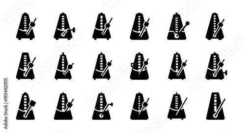Dynamic collection of graphic icons illustrating the precise concept of rhythmic tempo and timing, showcasing a metronome's movement for various musical and design applications