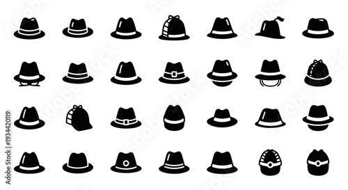 Collection of diverse fedora and hat icons representing various styles and designs for fashion and accessory themes
