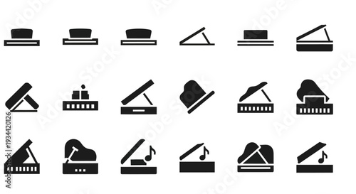 A collection of grand piano icons featuring various perspectives and details, ideal for music-themed graphic design, applications, and representing musical instruments