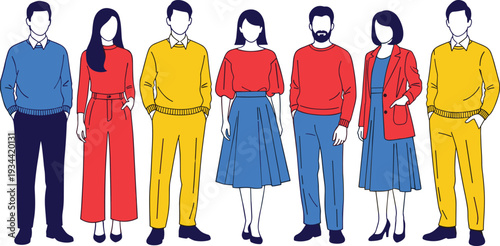 Minimalist flat illustration of eight diverse people in row, solid navy blue red yellow primary colors, clean modern faceless silhouettes, #646800695.