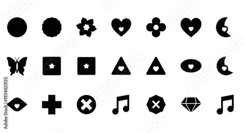 Diverse collection of abstract graphic elements and universal symbols for digital design projects. A variety of minimalist vector shapes
