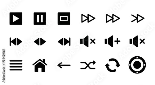 Sleek black vector icons for modern user interface and media player controls, essential for web, mobile app design and digital navigation