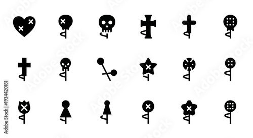 A comprehensive vector collection featuring a diverse range of gothic and punk-inspired symbolic icons, including stylized skulls, crosses, hearts, and abstract shapes