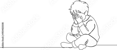 continuous line drawing of young boy crying covering face with hands, line art vector illustration