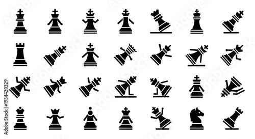 A diverse collection of chess piece icons, showcasing various orientations and perspectives for strategic game design and board game development