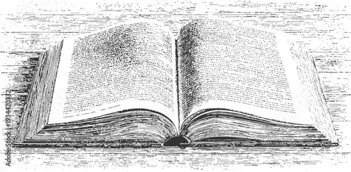 Open antique book with dense text on wooden table in monochrome