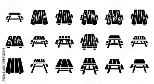 Vector icon collection of picnic tables and outdoor benches in silhouette, ideal for illustrating park furniture, garden layouts, and communal dining scenes