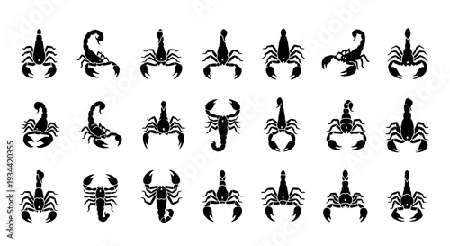 Collection of Silhouetted Scorpion Icons in Various Poses and Styles