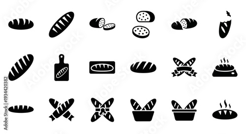 Collection of black and white icons representing various types of bread, baguettes, and baking utensils for culinary and bakery themes