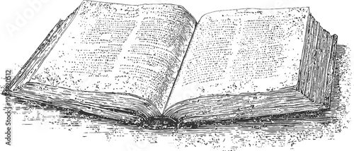 Antique open book with dense text and textured pages rendered in a detailed black and white etching style