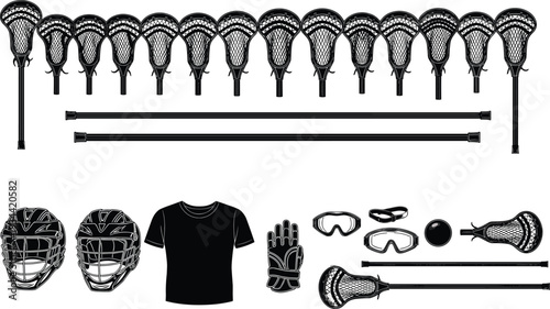 Lacrosse equipment set collection with sticks helmets gloves shirt goggles and ball isolated vector style sports gear bundle black and white illustration
