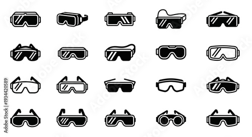 Collection of various virtual reality goggles and protective eyewear styles depicted in simple black and white line art icons