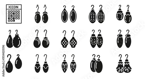 A stylish and diverse collection of vector earring illustrations, featuring various shapes and designs in a sleek black and white line art style
