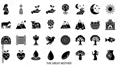 Vector Icon Set Representing the Great Mother Archetype and Divine Feminine Principles Featuring Symbols of Fertility, Nature, Abundance, Earth, and Spiritual Growth Concepts