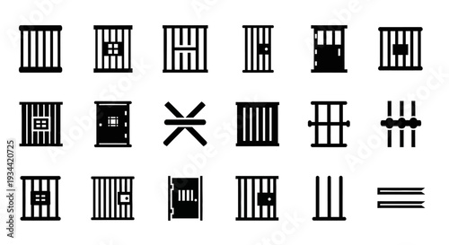 A collection of diverse prison cell door icons and security gate symbols, representing confinement and barriers