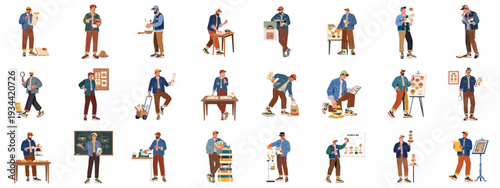 Diverse illustrations of male bakers and food researchers exploring, creating, and presenting various aspects of bread, buns, and culinary knowledge.