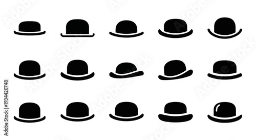 Collection of diverse bowler hat icons showcasing various angles and styles, perfect for fashion and vintage themes