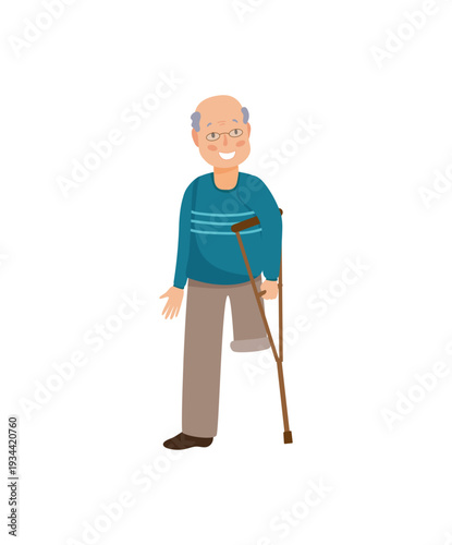 Vector illustration of a senior man with one leg using a cane standing.