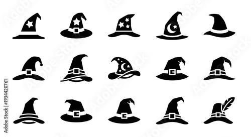 Diverse collection of magical witch and wizard hats. These mystical headwear silhouettes feature various fantasy designs, ideal for Halloween, costume, or graphic projects