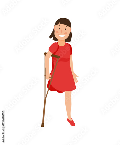 Vector illustration of a woman with one leg using a crutch to walk.