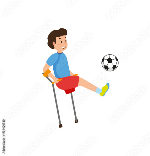 Vector illustration of a boy with crutches kicking a football.