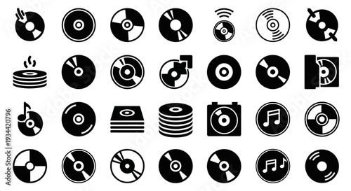 Diverse collection of vector icons representing compact discs and digital versatile discs, illustrating concepts of media, music, data storage, and digital content playback