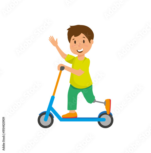 Vector illustration of a boy with a prosthetic leg riding a blue and green scooter.