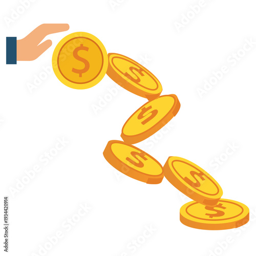 Coins fall from hand in a downward motion. Clear background shows focus on coins. Concept of finance, economy, investment, wealth