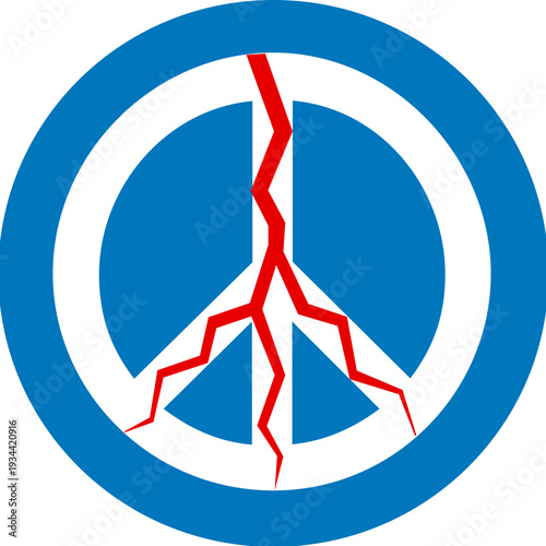 Peace sign icon features white symbol with red cracks set against a blue background. Concept of social activism, anti-war movements, community awareness