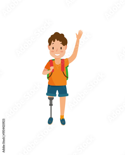 Vector illustration of a boy with a prosthetic leg waving his hand.