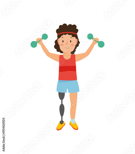 Vector illustration of a girl with a prosthetic leg lifting weights.