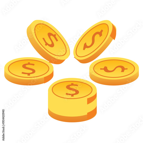 Gold coins fall in a circular motion creating a visual representation of wealth. Bright background enhances the concept of finance, gaming, and investment
