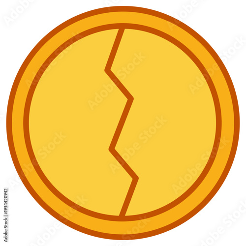 Gold coin shows distinct crack in center. Bright yellow against simple background highlights importance of financial topics. Concept of finance, economics, investments